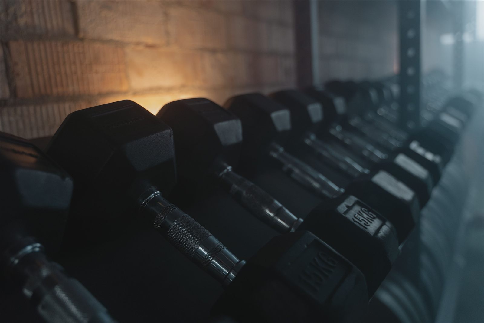 Row of hex dumbbells against a brick wall